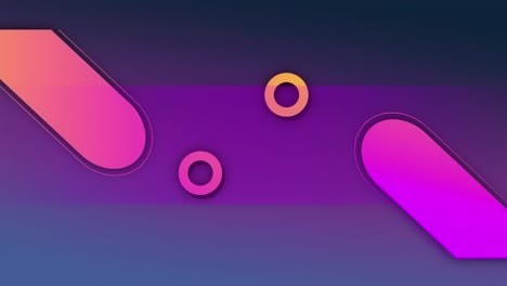 Animation-of-orange-and-pink-capsule-and-ring-shapes,-on-purple-background