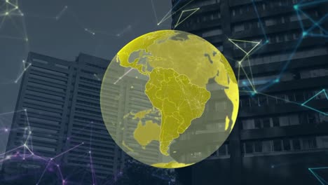 Animation-of-network-of-connections-with-globe-over-cityscape