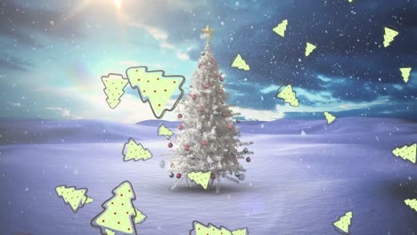 Animation-of-falling-christmas-trees-over-christmas-tree-in-winter-landscape