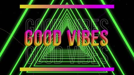Animation-of-good-vibes-text-over-glowing-green-geometrical-shapes