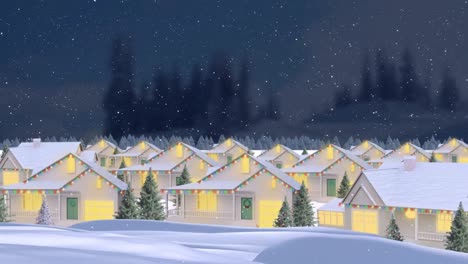 Schnee-Fällt-über-Mehrere-Häuser-Und-Bäume-In-Der-Winterlandschaft-Vor-Dem-Nachthimmel