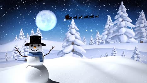 Snow-falling-over-snowman-on-winter-landscape-against-moon-in-the-night-sky