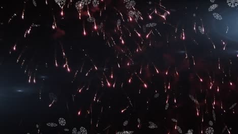 Digitale-Animation-Von-Schneeflocken,-Die-Vor-Explodierenden-Feuerwerkskörpern-Auf-Schwarzem-Hintergrund-Schweben