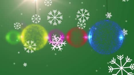 Snowflakes-floating-over-multiple-colorful-bauble-hanging-decorations-against-green-background
