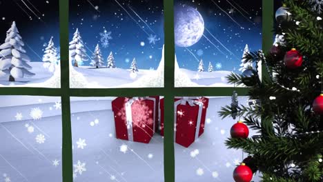 Animation-Einer-Winterlandschaft-Und-Geschenke-Durch-Das-Fenster-Gesehen