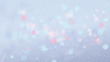 Weihnachtsbaum-Und-Hölzerner-Fensterrahmen-über-Lichtflecken-Und-Schnee,-Der-Vor-Blauem-Hintergrund-Fällt