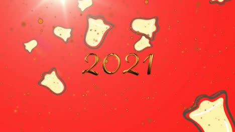 Yellow-spots-and-christmas-bell-icons-falling-against-2021-text-and-spot-of-light-on-red-background