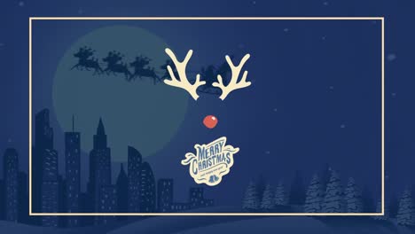 Animation-Von-„Frohe-Weihnachten“-Text-Und-Roter-Nase-über-Dem-Nächtlichen-Stadtbild