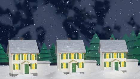 Animation-of-snow-falling-over-houses-decorated-with-fairy-lights-in-winter-landscape