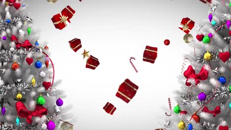 Zwei-Weiße-Weihnachtsbäume-Und-Mehrere-Weihnachtskonzeptsymbole,-Die-Vor-Weißem-Hintergrund-Fallen