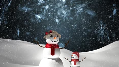 Snow-falling-over-snowwoman-and-snow-kid-on-winter-landscape-against-snowflakes-on-grey-background