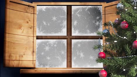 Animation-Eines-Weihnachtsbaums-Mit-Fallendem-Schnee,-Gesehen-Durch-Das-Fenster-Auf-Grauem-Hintergrund