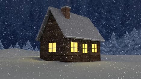 Snow-falling-over-multiple-houses-and-trees-on-winter-landscape-against-night-sky