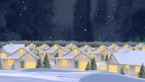 Snow-falling-over-multiple-houses-and-trees-on-winter-landscape-against-night-sky
