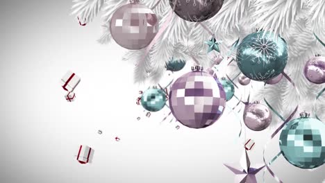 Bauble-decorations-hanging-over-christmas-tree-and-christmas-gift-icons-floating-on-grey-background