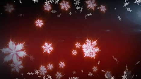 Digitale-Animation-Mehrerer-Schneeflocken-Symbole,-Die-Vor-Rotem-Hintergrund-Schweben