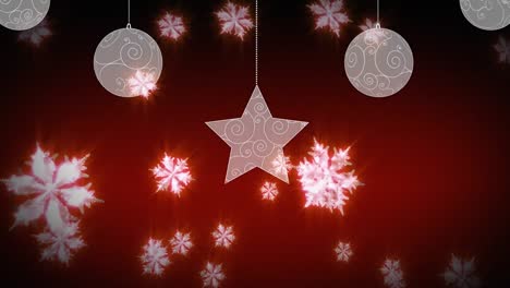 Digital-animation-of-christmas-decorations-hanging-over-snowflakes-floating-on-red-background