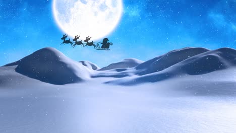 Snow-falling-on-santa-claus-in-sleigh-being-pulled-by-reindeers-over-winter-landscape-and-night-sky