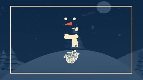 Animation-Des-Textes-„Frohe-Weihnachten“-Und-Schneemann-über-Der-Nachtlandschaft