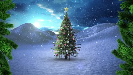 Ramas-De-árboles-Verdes-Contra-La-Nieve-Que-Cae-Sobre-El-árbol-De-Navidad-En-El-Paisaje-Invernal