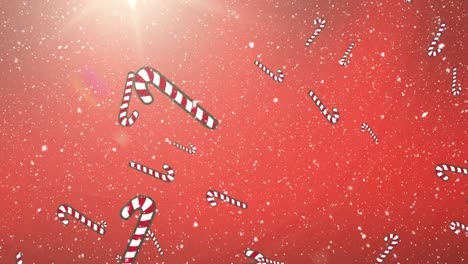 Multiple-candy-canes-icons-and-snow-falling-over-spot-of-light-on-red-background