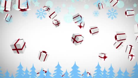 Multiple-christmas-gift-icons-falling-against-christmas-hanging-decorations-on-grey-background