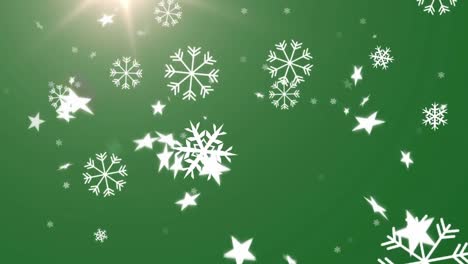 Copos-De-Nieve-Y-Múltiples-Iconos-De-Estrellas-Cayendo-Contra-Una-Mancha-De-Luz-Sobre-Fondo-Verde