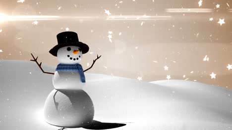 Animation-Von-Sternen,-Die-über-Einen-Schneemann-In-Einer-Winterlandschaft-Fallen