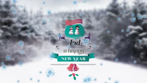 Animation-Von-Weihnachtstext-über-Tannenbäumen-In-Der-Winterlandschaft
