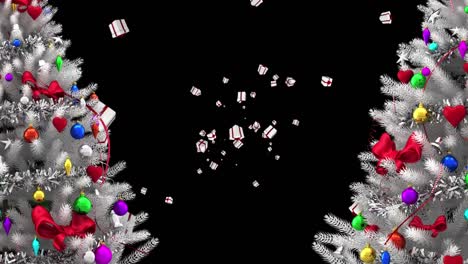 Zwei-Weiße-Weihnachtsbäume-Und-Mehrere-Weihnachtsgeschenksymbole,-Die-Vor-Schwarzem-Hintergrund-Fallen