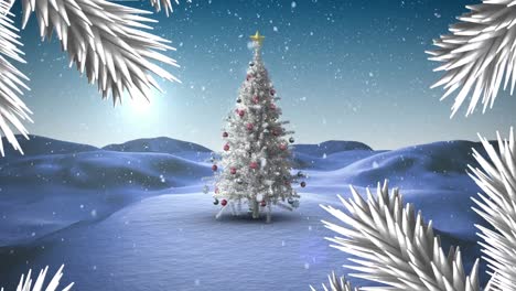 Weiße-Äste-Vor-Schnee,-Der-über-Den-Weihnachtsbaum-In-Der-Winterlandschaft-Fällt