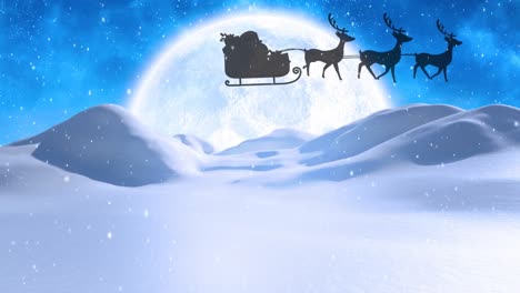 Schnee-Fällt-Auf-Den-Weihnachtsmann-Im-Schlitten,-Der-Von-Rentieren-über-Die-Winterlandschaft-Und-Den-Nachthimmel-Gezogen-Wird