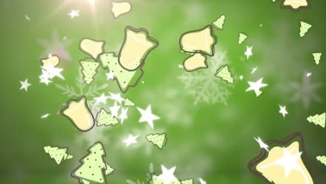 Mehrere-Weihnachtsglocken-Und-Sterne-Symbole-Fallen-Vor-Lichtfleck-Auf-Grünem-Hintergrund