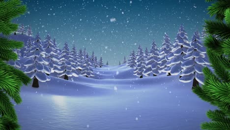 Weihnachtsbaumzweige-über-Schnee,-Der-über-Mehrere-Bäume-In-Der-Winterlandschaft-Vor-Blauem-Himmel-Fällt