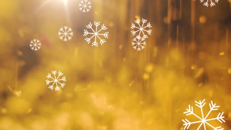 Snowflakes-falling-against-particles-falling-and-spot-of-light-against-yellow-background
