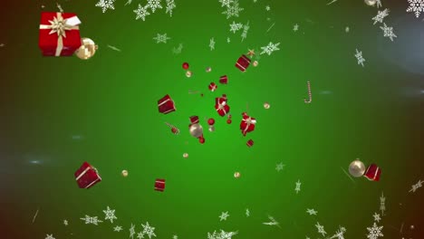 Snowflakes-falling-and-christmas-candy-cane,-bauble-and-gift-icons-floating-against-green-background