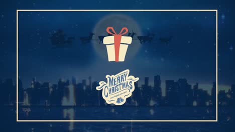 Animation-of-merry-christmas-text-and-gift-over-night-cityscape