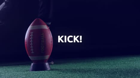 Animation-of-kick-text-in-white,-with-colorful-trail-and-foot-kicking-rugby-ball-on-black-background