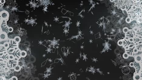 Digital-animation-of-multiple-snowflakes-icons-falling-against-black-background