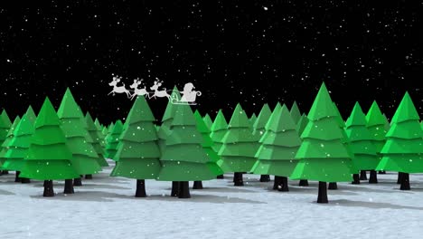 Animation-of-santa-claus-in-sleigh-with-reindeer-over-snow-falling-and-fir-trees-winter-landscape