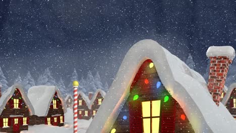 Animation-Von-Schnee,-Der-über-Häuser-Fällt,-Die-Mit-Lichterketten-In-Einer-Winterlandschaft-Geschmückt-Sind
