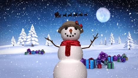 Snow-falling-over-snowwoman-on-winter-landscape-against-moon-in-the-night-sky