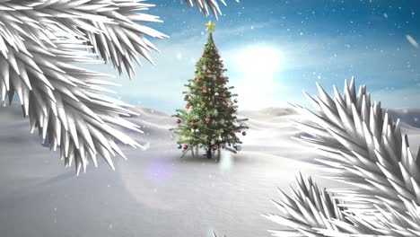 Animation-of-fir-branches-over-christmas-tree-in-winter-landscape