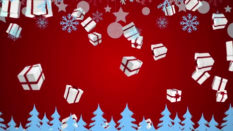 Multiple-christmas-gift-icons-falling-against-christmas-hanging-decorations-on-red-background