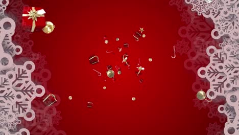 Snowflakes-against-christmas-candy-cane,-bauble-and-gift-icons-falling-against-red-background