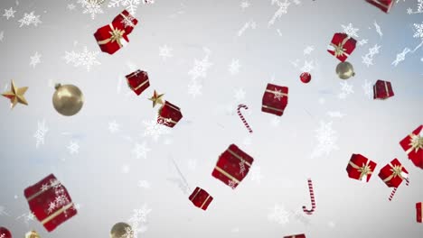 Snowflakes-and-multiple-christmas-concept-icons-falling-against-grey-background