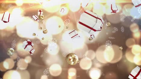 Snowflakes,-christmas-gifts-and-bauble-icons-floating-against-yellow-spots-on-light