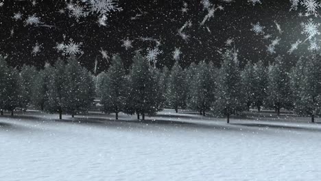 Animation-of-snow-falling-and-spot-lights-over-winter-landscape