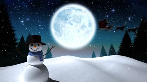 Animation-of-snow-falling-over-snowman-in-winter-landscape