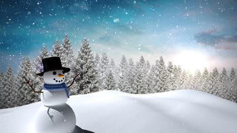 Animation-of-snow-falling-over-snowman-in-winter-landscape